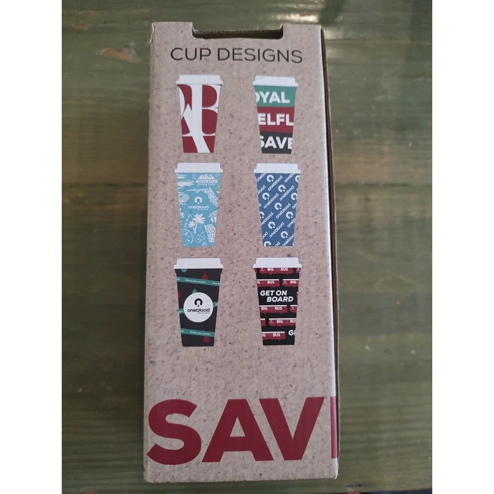 Oneblood Six Reusable Hot cold Cups Lids 16oz Coozie Big Red Bus Blood‎ Donor